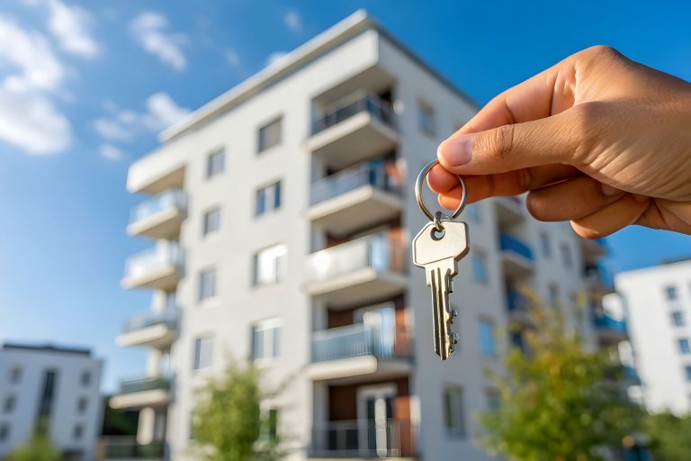 Hand hält Schlüssel vor einem Wohngebäude